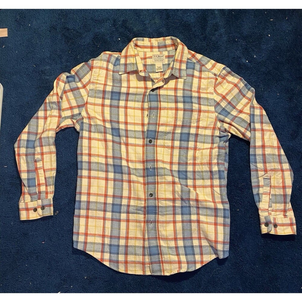 LL Bean Plaid Flannel Shirt Men's M Medium Slightly Fitted Red/Blue/Off-White